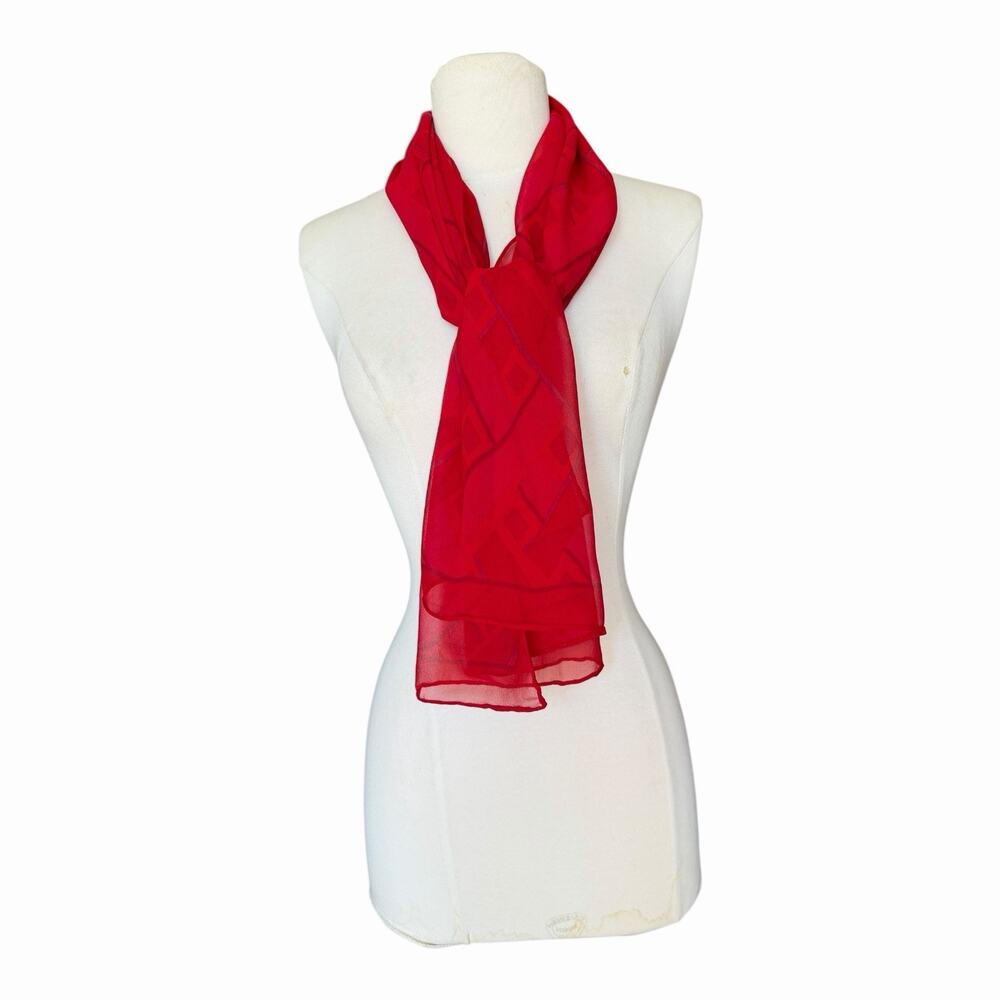 Vintage Red Sheer Chiffon Shawl Capelet Wrap Evening Scarf Geometric Pattern
